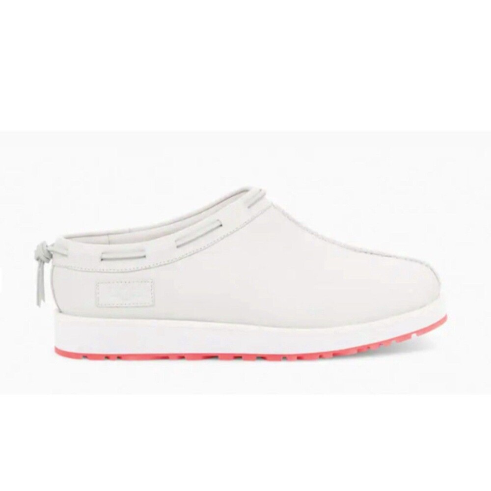 UGG White Leather Slip-On Clog with Pink Sole